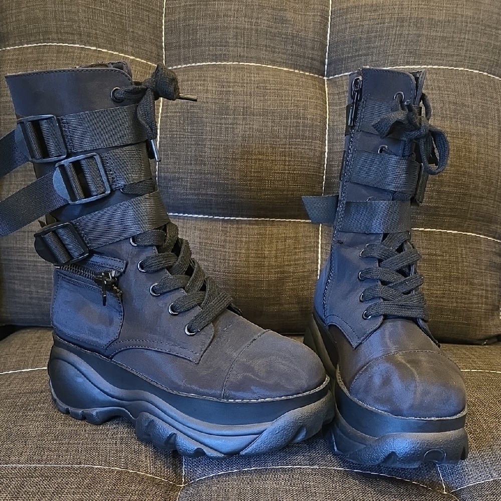 Dolls Kill Poster Grl Black Moto Combat Boots